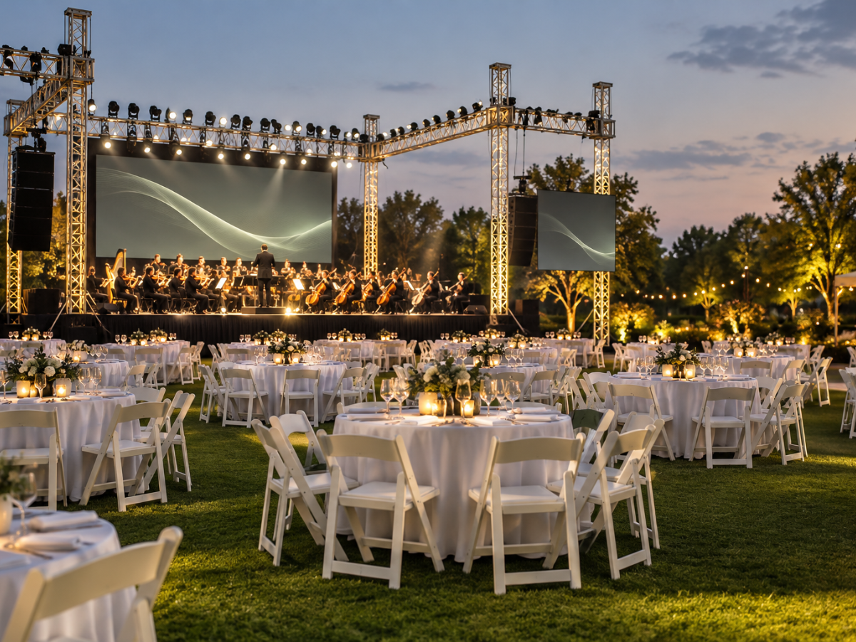 Gala corporativa al aire libre con escenario y audiovisuales